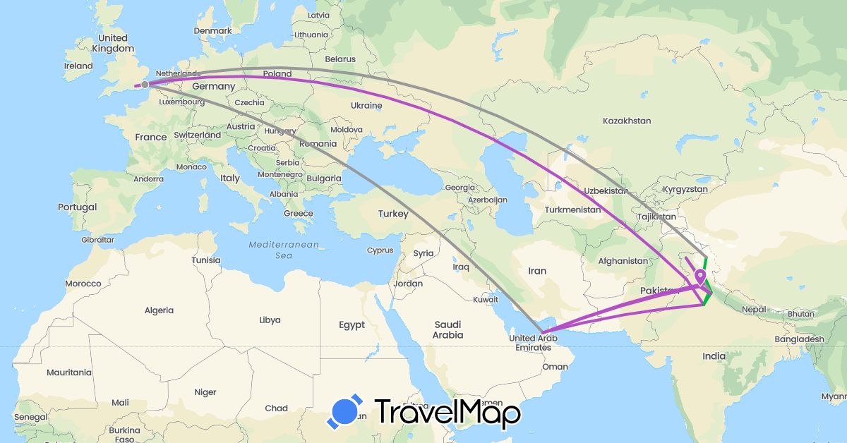 TravelMap itinerary: bus, plane, train in United Arab Emirates, United Kingdom, India (Asia, Europe)